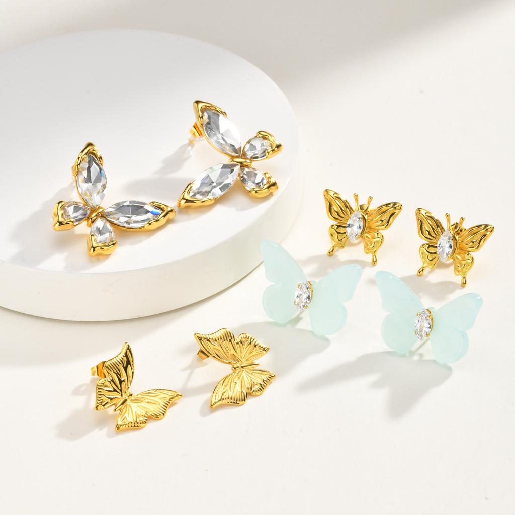 Dainty Marquise Crystal Butterfly Stud Earrings Stainless Steel 18K PVD Gold Plated Waterproof Tarnish Free Women Jewelry