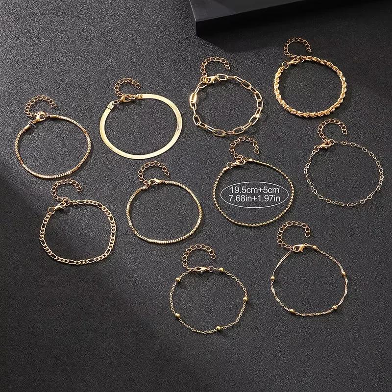 Fashion Flat Snake Chain Box Chain Bracelet Creative Heart-shaped Chain Twisted Chain Stacked Bracelet Set Women's Daily Jewelry
