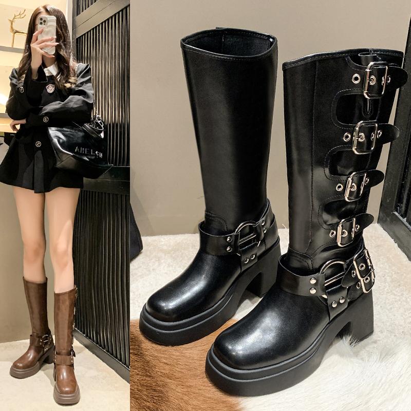 Новые стильные популярные женские сапоги на платформе до колена, элегантные на низком каблуке, трендовые панк-готик-рок кожаные модные женские туфли