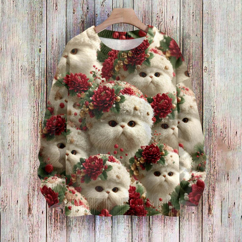 Рождественские толстовки для женщин Вязаный свитер Милая рубашка Осенний свитер с круглым вырезом Топы