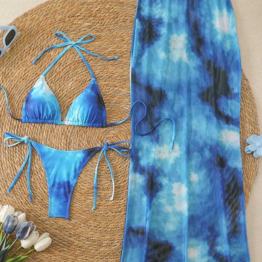 1011 популярный синий tie-dye трехпредметный комплект ремешок на шею высокая талия длинная юбка блузка купальник женский