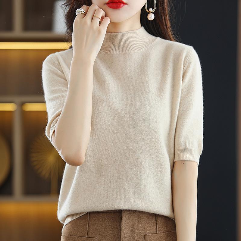 Женская весенне-осенняя футболка с полувысоким воротом и рукавами средней длины, трикотажный тонкий свитер с рукавом пять минут, подчеркивающий темперамент