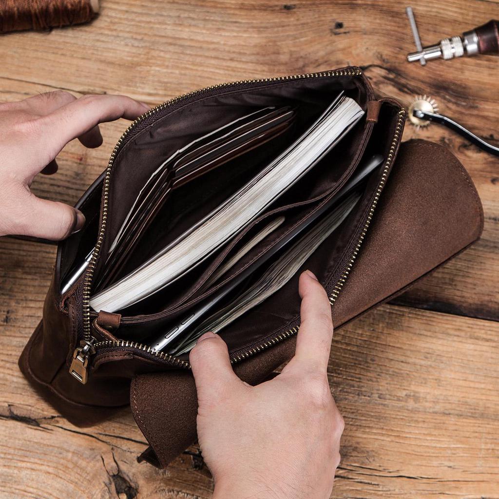 CONTACT'S Men Clutch Bags Crazy Horse Leather Long Wallet Men Large Capacity Hand Bag Male Purse With Phone Pocket