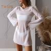Women's Sexy Sheer Mesh Swimsuit Cover Up Round Neck Long Bell Sleeves Beach Bodycon Mini Dress Summer Bikini Cover-up