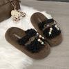 Bow Thick-bottomed Fluffy Slippers for Women's 2025 Winter New Outer Wear One-word Drag Internet Celebrity Plush Cotton Slippers Atmosphere