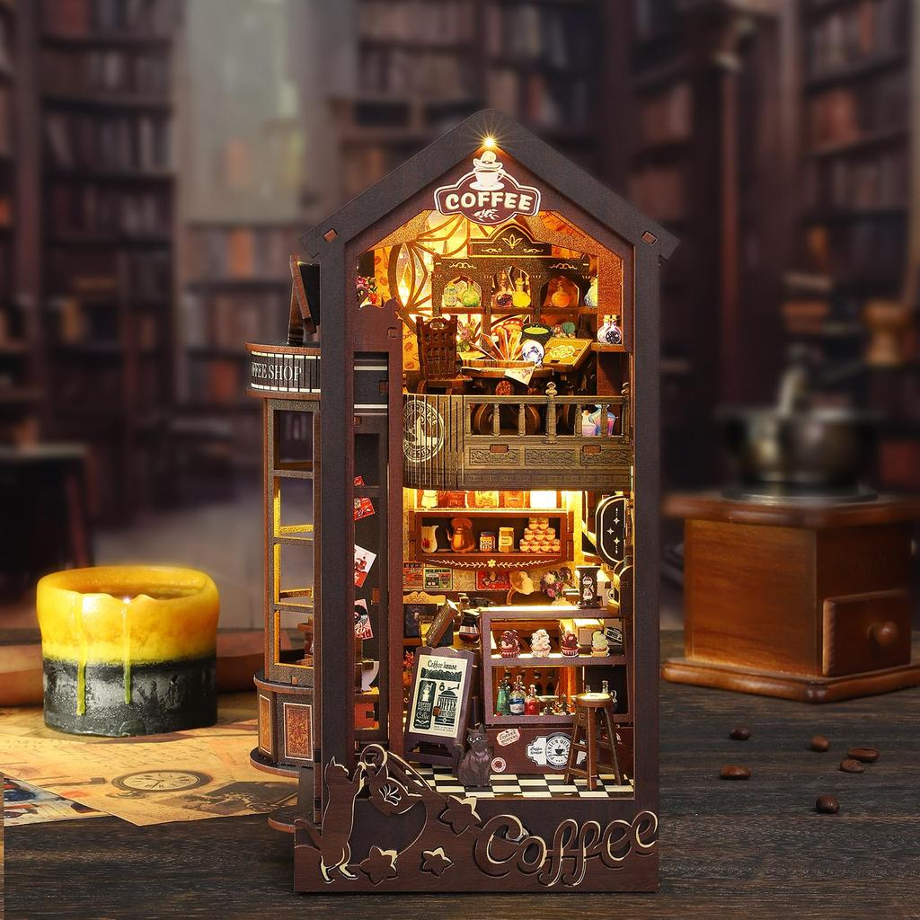 QmXCyzl Wooden DIY Dollhouse Kit with Miniature 3D Bookstand and Holiday Gift Building Scenario (Magic Coffee)