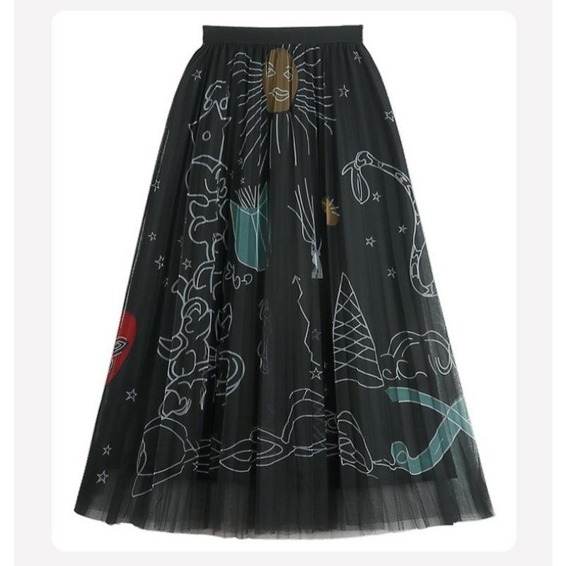 DX~~ Новая плиссированная сетчатая юбка с принтом граффити, женская весенняя новая тонкая газовая юбка миди с высокой талией