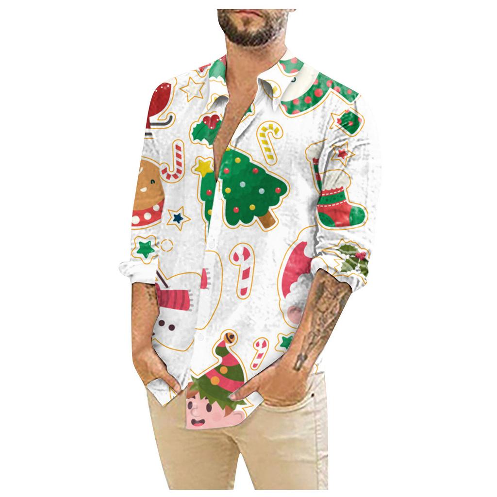 Мужские рождественские рубашки с длинным рукавом и цветочным принтом, топы на пуговицах, забавная милая классическая рубашка с рисунком