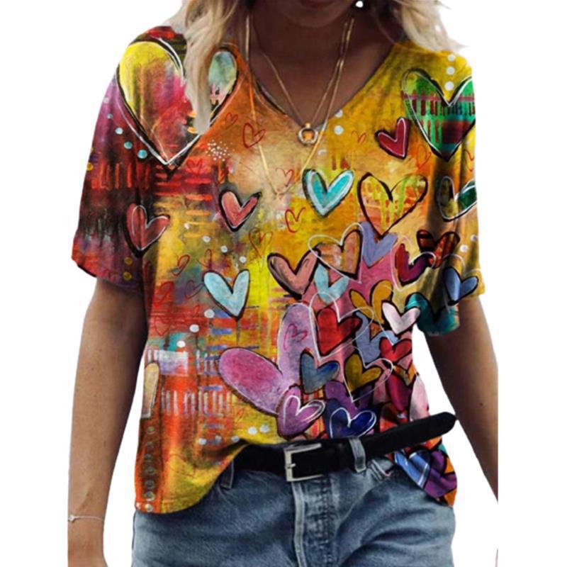 Summer V-neck 3D Abstract Printed Top Fashionable Casual Short Sleeved Women's T-shirts