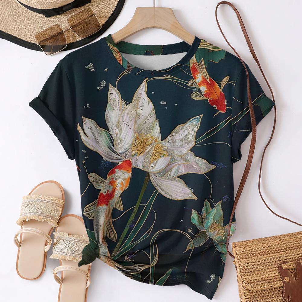 Футболки с 3D-принтом «Рыба кои» для женщин, уличная одежда, повседневная мода, Harajuku Y2k, футболка с коротким рукавом, футболки с круглым вырезом, топы, одежда