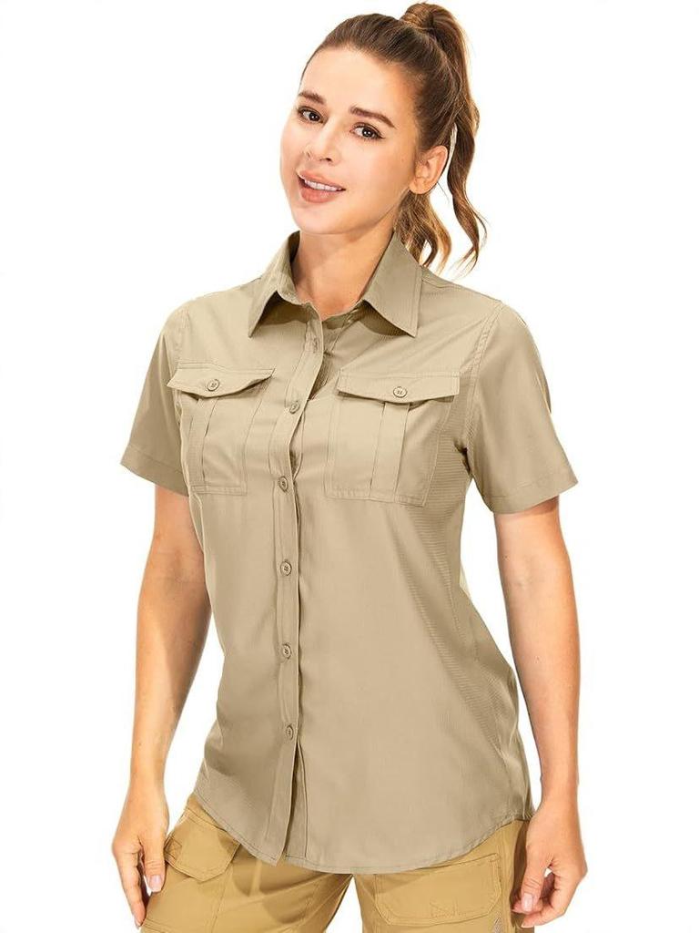 Женская летняя рубашка 2026 с коротким рукавом, быстросохнущая - Однотонная, с нагрудным карманом, дышащая, повседневная, для активного отдыха, европейский и американский стиль