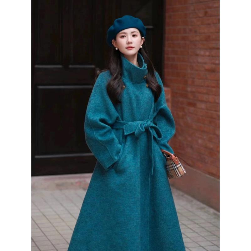 Осенне-зимнее шерстяное длинное пальто Синий Темперамент Плащ Двустороннее шерстяное пальто Ретро