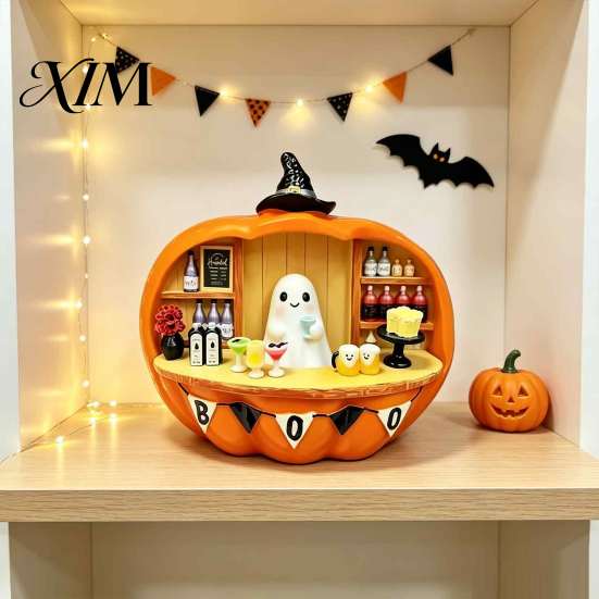 Halloween Theme Room Accents Pumpkin Bar Counter Figurine, Cute Ghost Bartender Mini Holiday Party Atmosphere Props Scene Statue, Desktop Ornament for