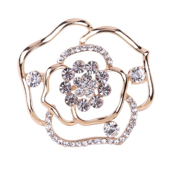 Hollow Glossy Rose Flower Brooch Sparkling Rhinestones Inlaid Pin Luxury Wedding Dress Badge Women Sweater Coat Jewelry Accesorries