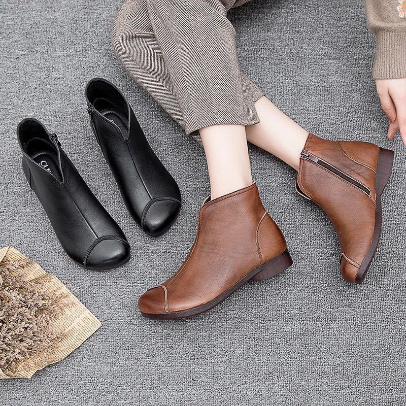 Женские кожаные ботинки в винтажном стиле, плоские ботинки из мягкой коровьей кожи, женские ботинки с молнией спереди, ботильоны zapatos mujer, женские ботинки