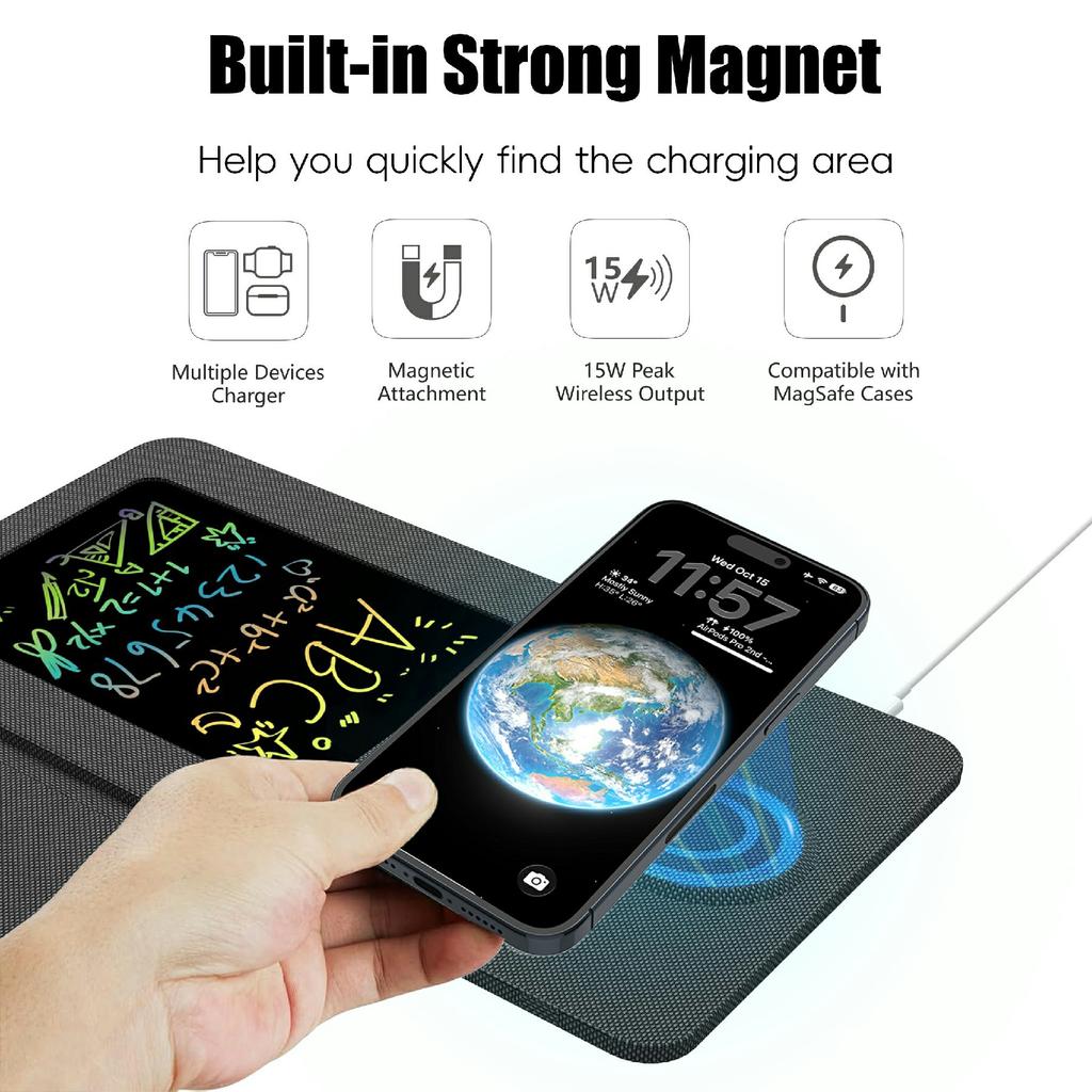 15W Leather Foldable Mouse Pad Wireless Charging Stand Writing Board with Magnetic Fast Charging for Meetings