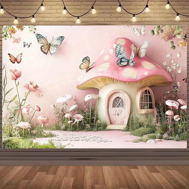 2D Enchanted Mushroom Cottage Backdrop, Pink Fairy Garden Party Background Cloth