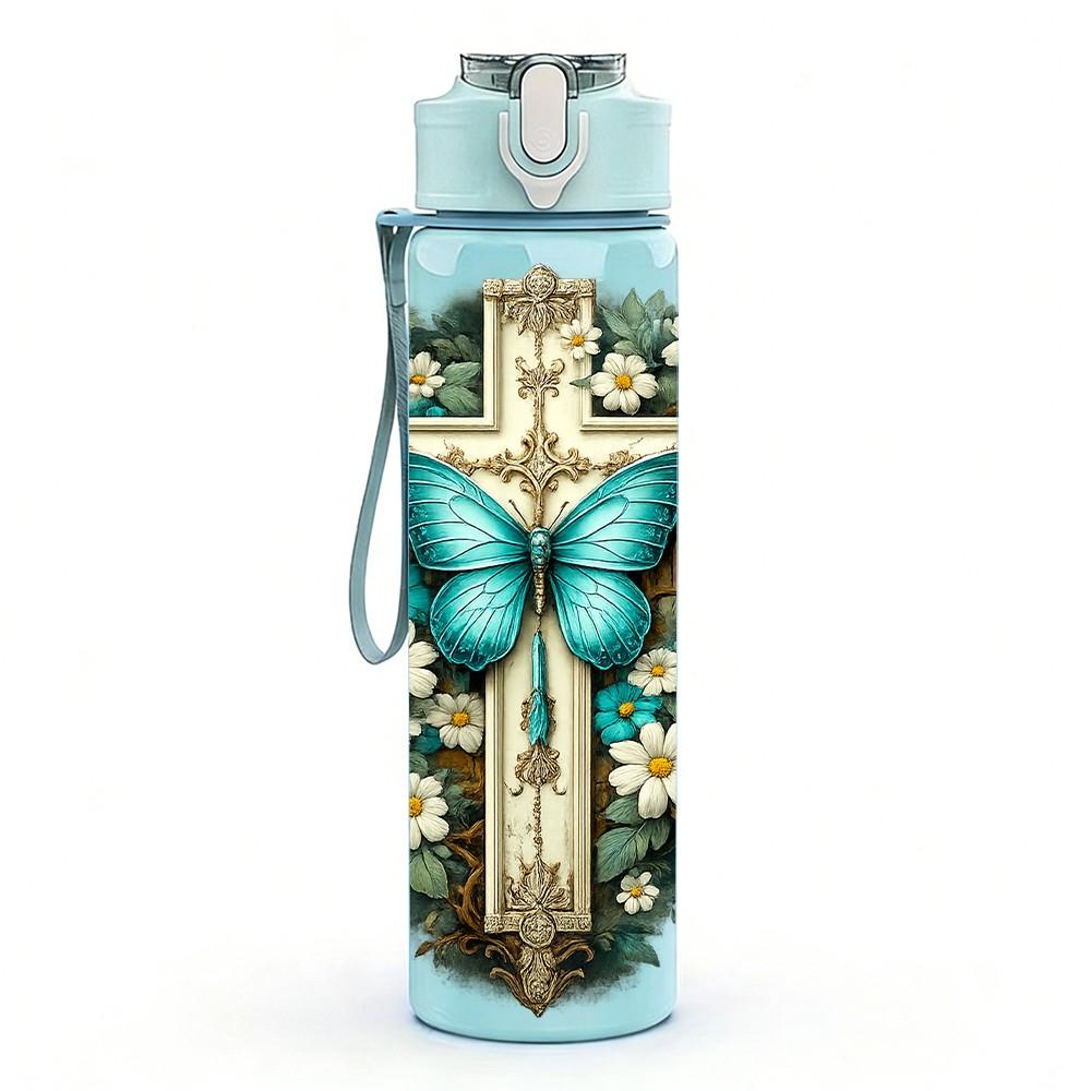 1PC Cross Rose Faith Art Print 750ml Color Plastic Sports Water Bottle Leakproof Flip Straw Lid Suitable for Sports Office Home Use
