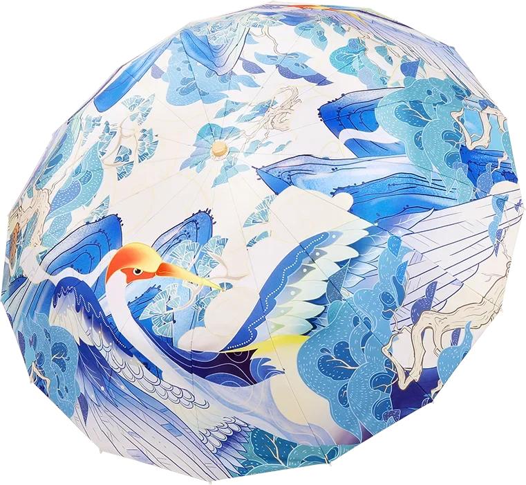 New 16-Rib Windproof Umbrella UPF50+ Sun & Rain Protection, Chinoiserie Series Design with Handcrafted Wood Handle & Flor