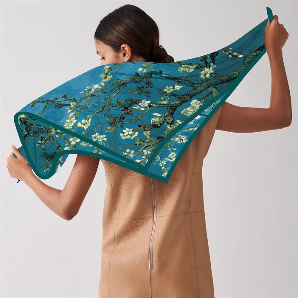 Silk Scarf Women Oil Painting Square Scarves Head Echarpes Silk Foulards Femme Wraps Beach Shawls Bandana Lady Hijabs 90CM