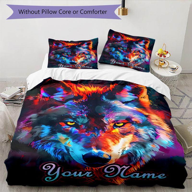 3PC Custom Name Wolf Spirit Artwork Bedding Set Duvet Cover Closure Includes 1 Duvet Cover & 2 Pillowcases for Bedroom