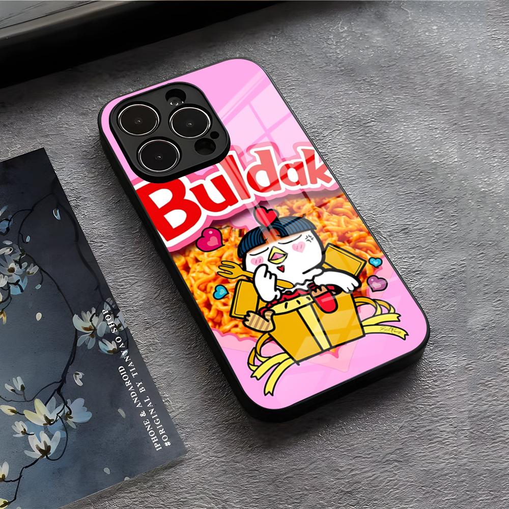K-Kwaii Аниме B-Buldak R-RameSn Чехол для телефона Для IPhone 17 Air 16 E Pro Max 15 14 13 Mini 12 Pro 11 Max Plus Черная стеклянная крышка