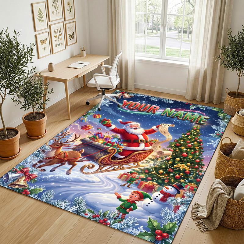 Christmas Theme Crystal Velvet Rug Personalized Custom Name Text Soft Floor Mat Home Decor