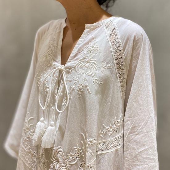 Summer Spring Women Dress Lace-up Strap Tassel A-line Loose Retro Long Sleeves Flower Embroidery V Neck Ankle Length Vacation Beach Maxi Dress