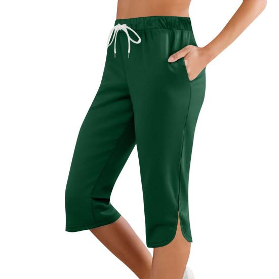 Women Cropped Pants Elastic Waist Adjustable Drawstring Solid Color Mid-calf Length Pants with Pockets Daily Wear
