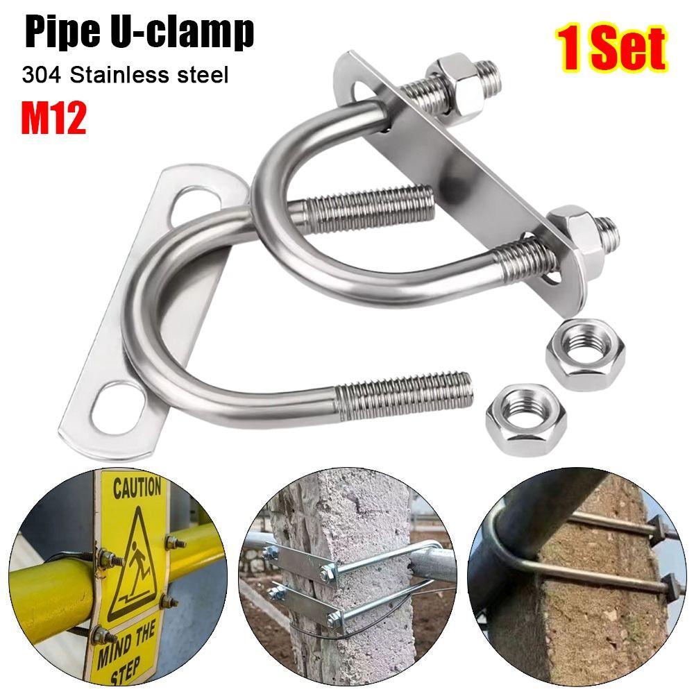 1Set New 304 Stainless Steel M12 Round Tube Clamp With Baffle Screws Pipe U-clamp Round Bolt for Round Tube