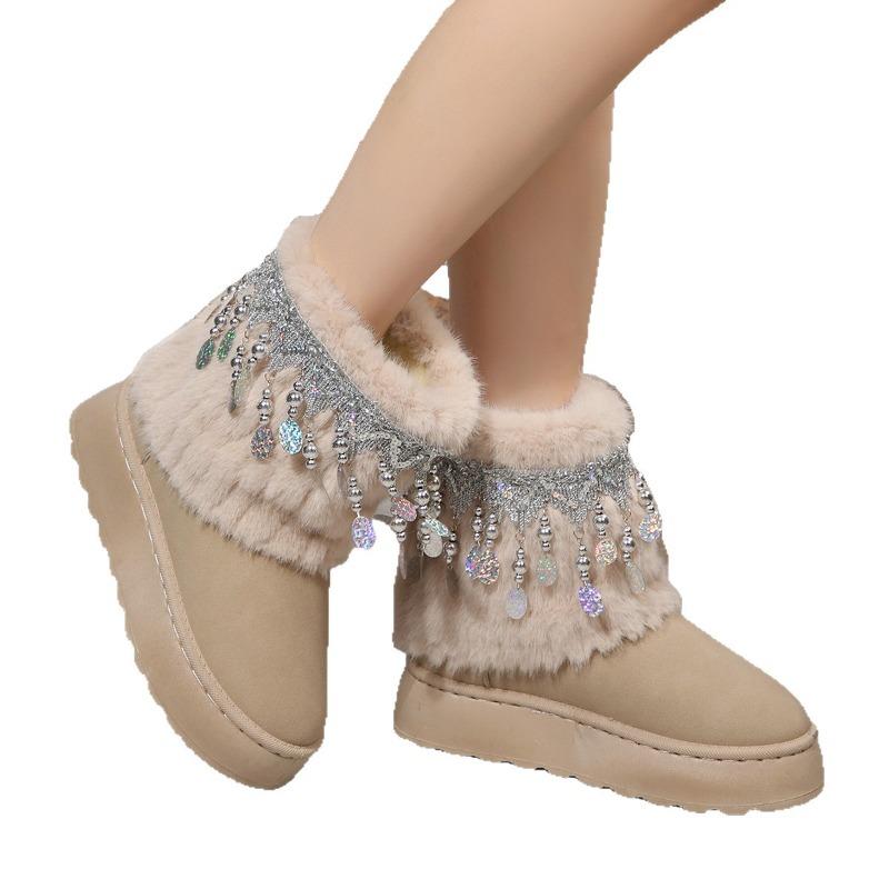 Foreign Trade Comfortable Thick-soled Short Cotton Shoes Women's Autumn and Winter New Tassel Beaded Velvet Warm Snow Boots