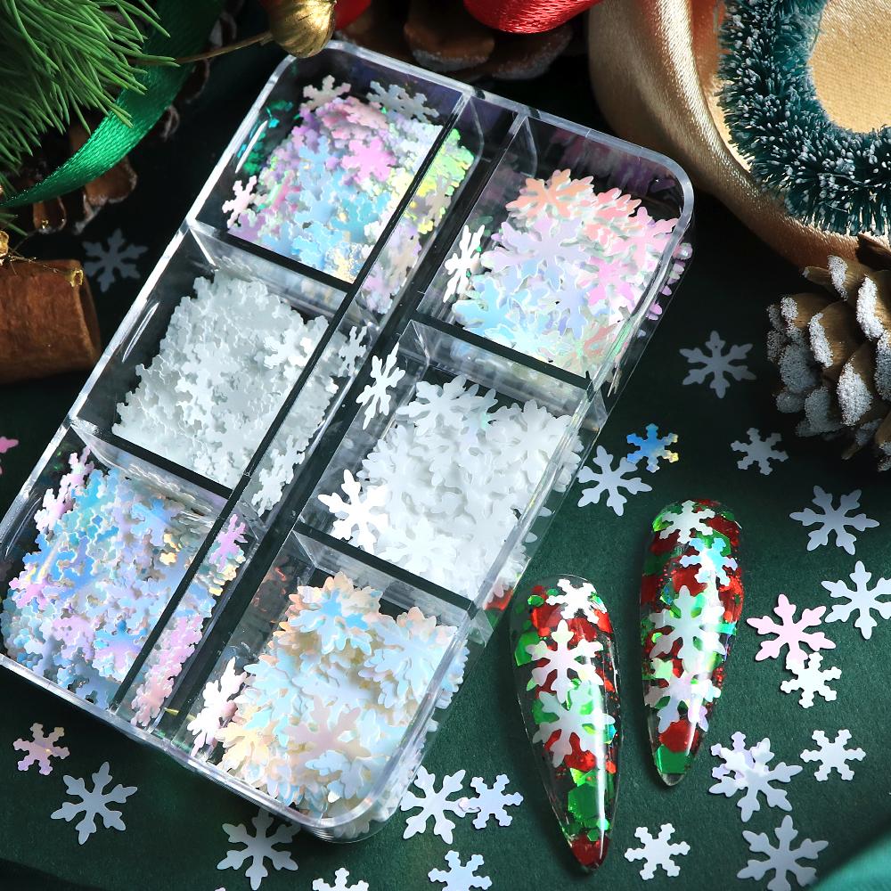 6-Grid Boxed Snowflake Nail Glitter Mixed Color Christmas Nail Art Glitter For DIY Accessories For Winter and Christmas