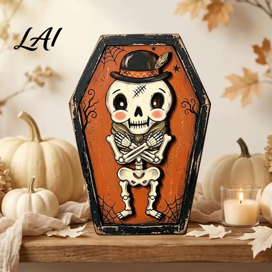 Indoor Outdoor Festive Accents Vintage Halloween Wooden Decor Coffin-Shaped Tabletop Ornaments Freestanding & Hanging Decorations for Home Ornament