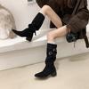 Весенне-осенняя мода Новые остроносые ковбойские ботинки на толстом каблуке Нового стиля Без колена С широким голенищем Жиру Женские ботинки