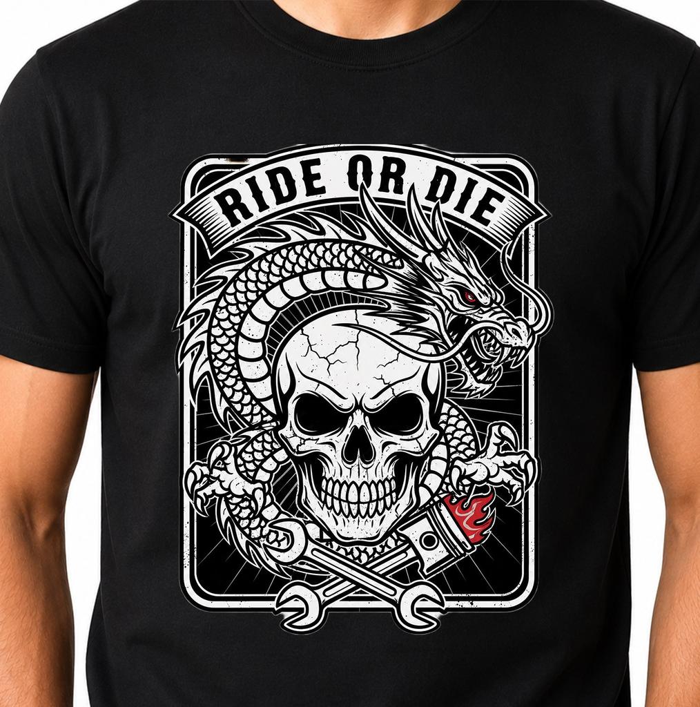 Skull Dragon Ride Or Die Graphic Biker Motorcycle Gothic Piston Wrench Tee.