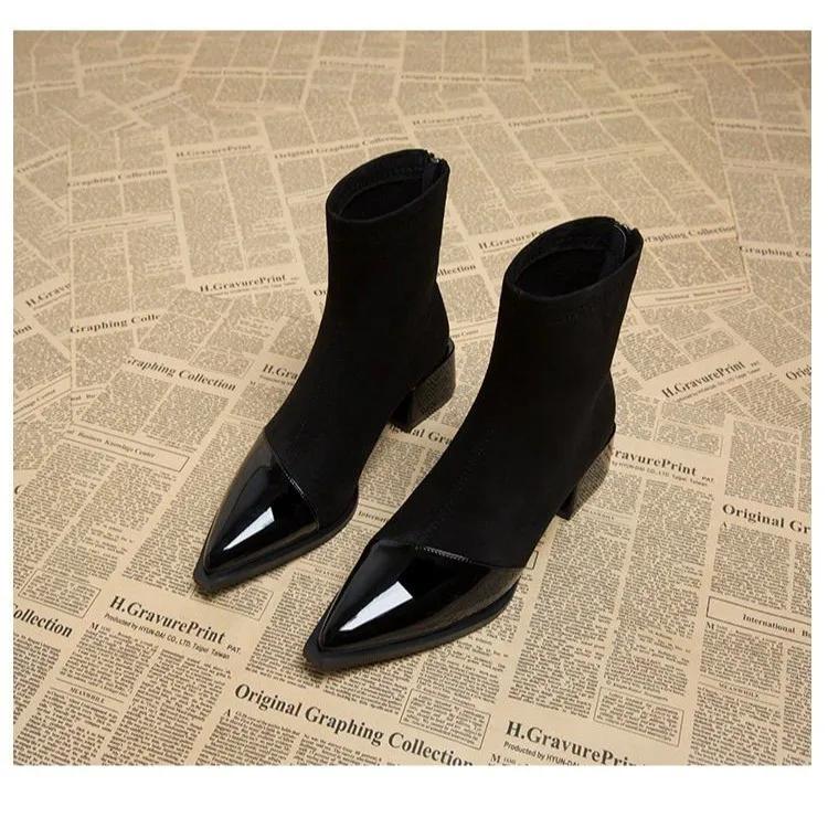 Женские ботильоны с острым носком и квадратным каблуком для улицы, однотонные, лаконичные, офисные, пэчворк, осенние, большого размера, полномерные 2024