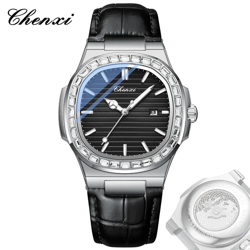 Chenxi Мужские часы Роскошные Водонепроницаемые Светящиеся Кожаные Часы Спорт Кварцевые Часы Прозрачная Задняя Крышка Дата Бизнес Наручные Часы