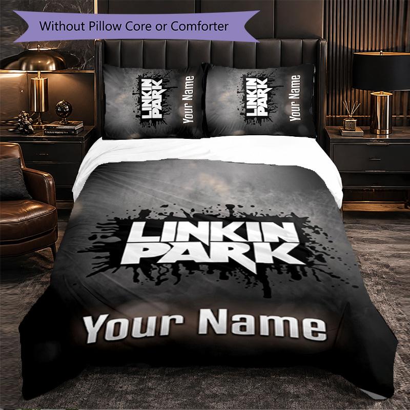 Linkin Park Customized Name Text Bedding Set, 1 Duvet Cover & 2 Pillowcases Personalized Bedroom Gift