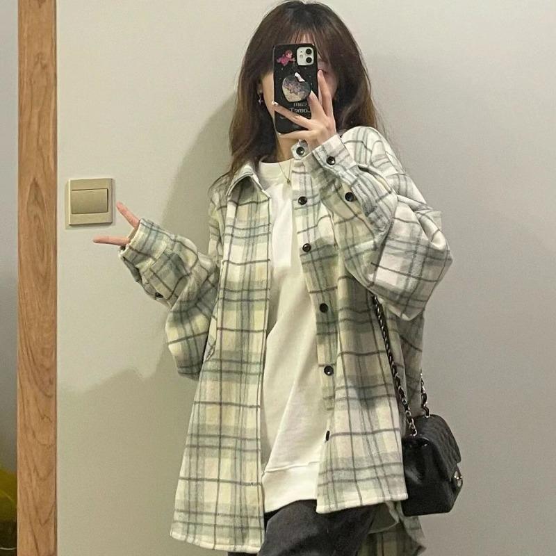 Long Sleeve Plaid Loose Fit Cotton Shirt For Women
