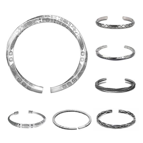 Men Bracelet Opening Adjustable Silver Color Twist Boho Wrist Decoration Easy To Wear Fish Letter Curved Sleeve Bracelet Men Jewelry