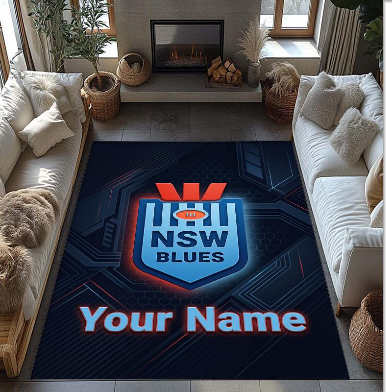 NSW Blues logo Crystal Velvet Rug, Custom Name Text Personalized Non‑Slip Floor Mat for Home Decor Gift