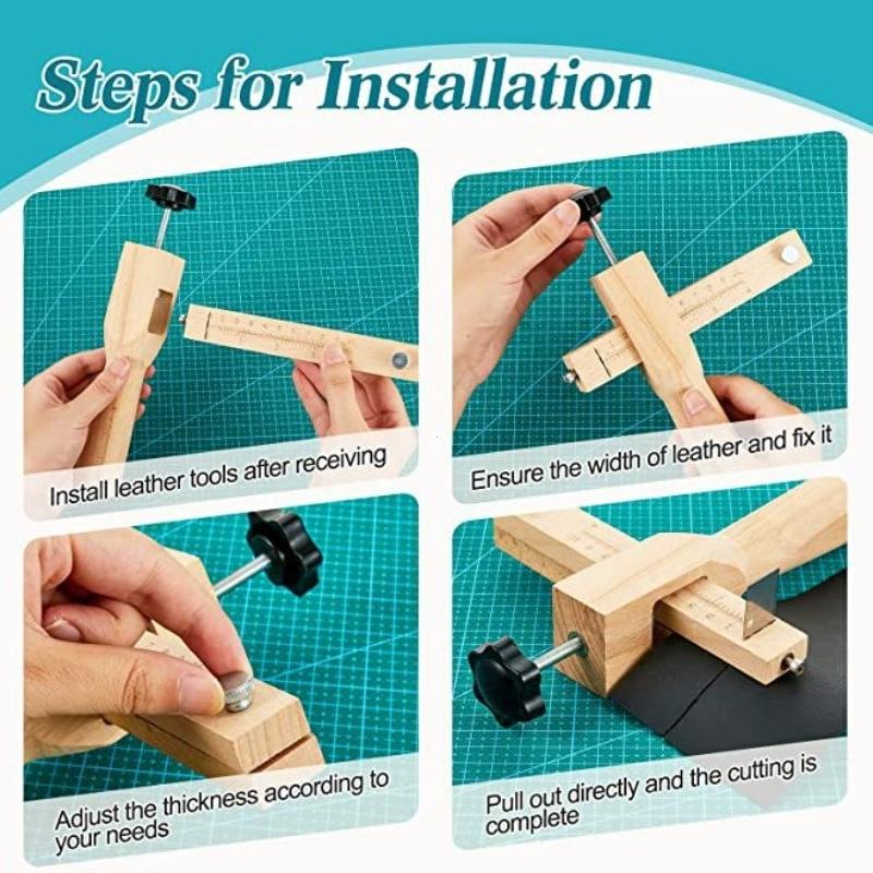 Wooden Leather Strap Cutter Adjustable Strip Belt Precise Cutting Tool with 5 Sharp Blades for Leathercraft Handmade DIY Work