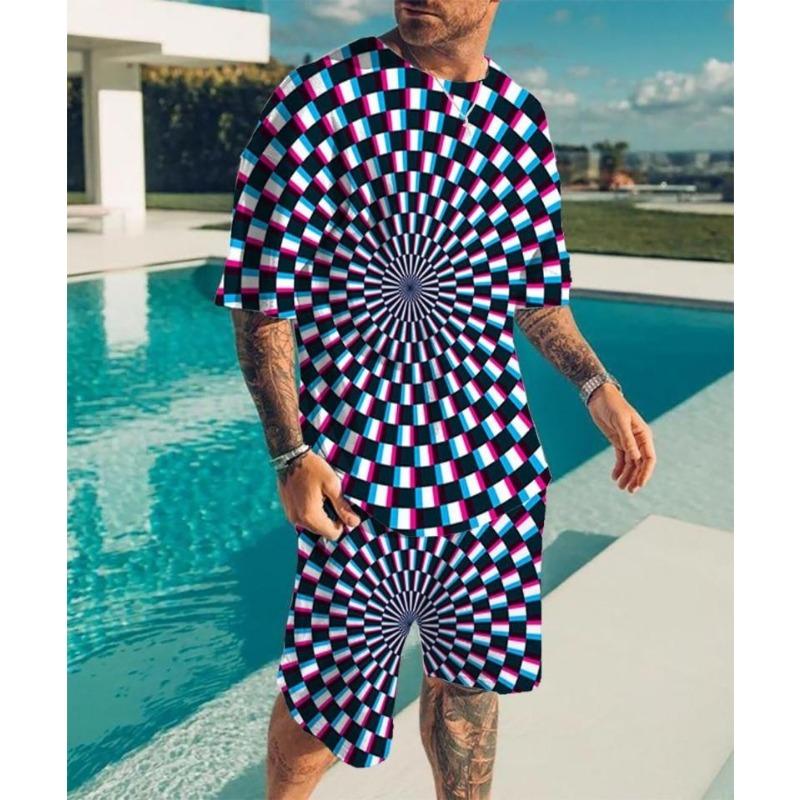 2025 New Men's Round Neck T-shirt Set Printing Optical Illusion Pattern T-shirt Two Piece Set Fashion Men's Summer T-shirt Set