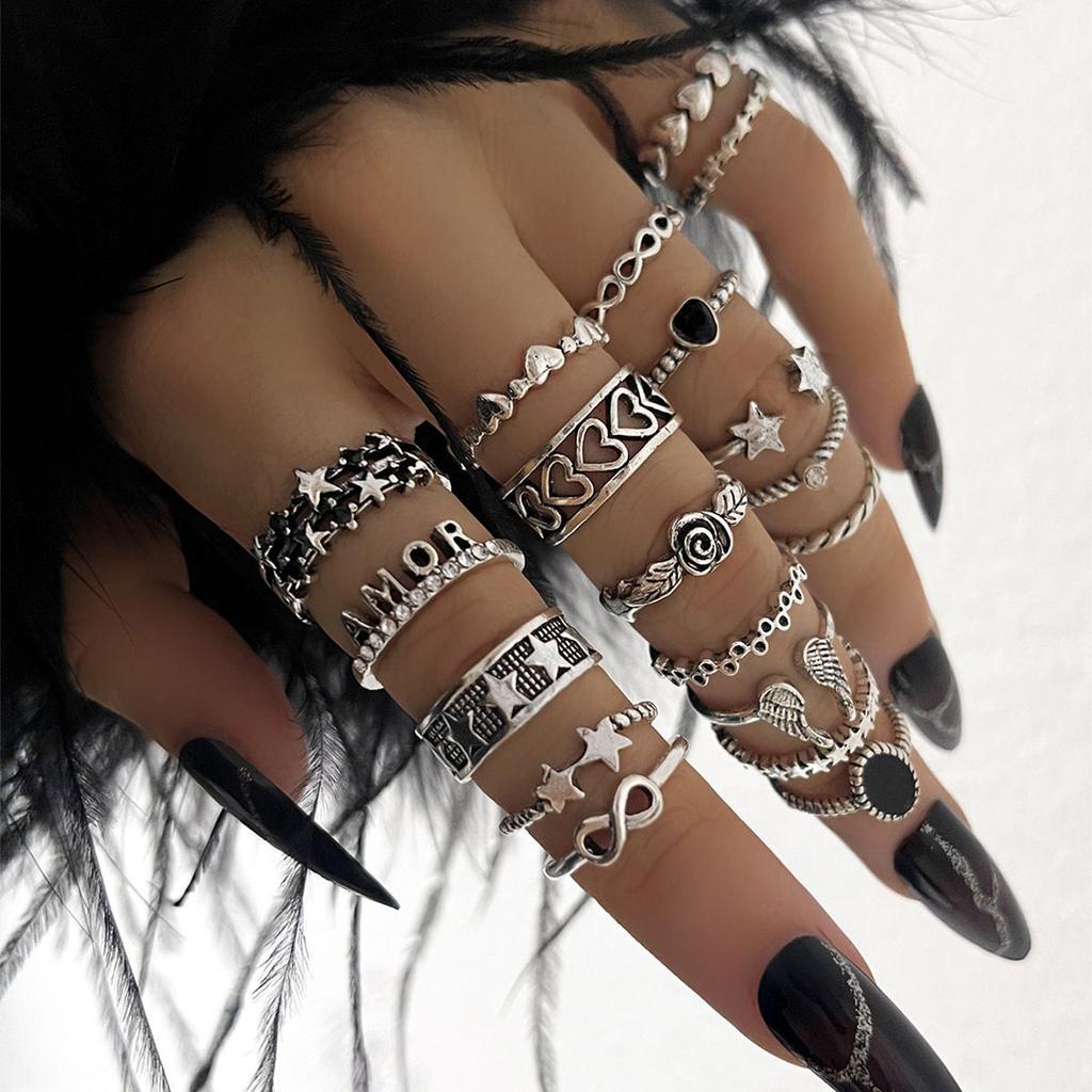 European and American 25-piece Ring Set, Snake Elephant Dripping Oil Gossip Love Leaves Small Flowers Geometric Joint Ring Female