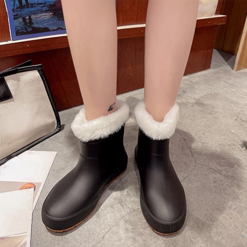 Модные зимние дождевые ботинки женские теплые резиновые сапоги женские утепленные галоши с мехом ботильоны водонепроницаемые садовые водные ботинки обувь