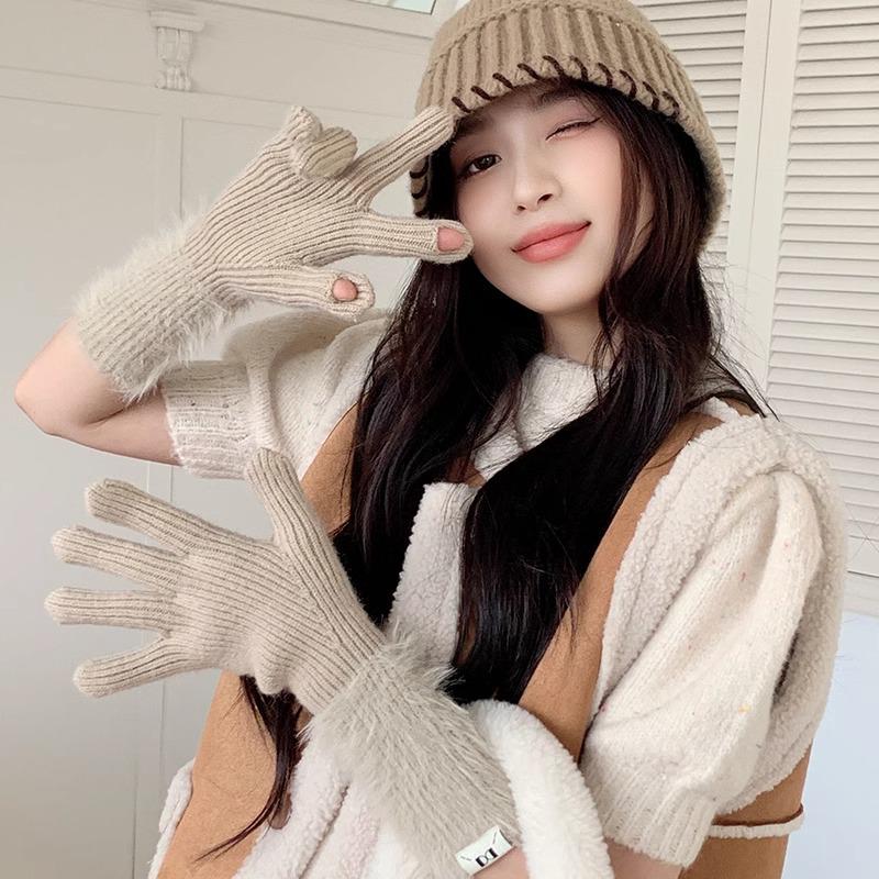 Осень и Зима Дофаминовый Однотонный Теплый Вязаный Варежки с Пятью Пальцами - Универсальные, Милые, Длинный Велосипедный Рукав для Девочек