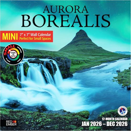 RED EMBER Aurora Borealis 2026 Mini Wall Calendar 12 Month | 7" x 14" Open | Thick & Sturdy Paper | Holiday Gift | Northern Lights Space Calendar