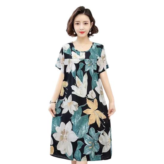 Женская ночная рубашка свободного покроя с цветочным принтом, круглым вырезом, плиссированная, с короткими рукавами, длиной до колена, домашняя одежда, повседневное платье миди, женская ночная рубашка, платье миди