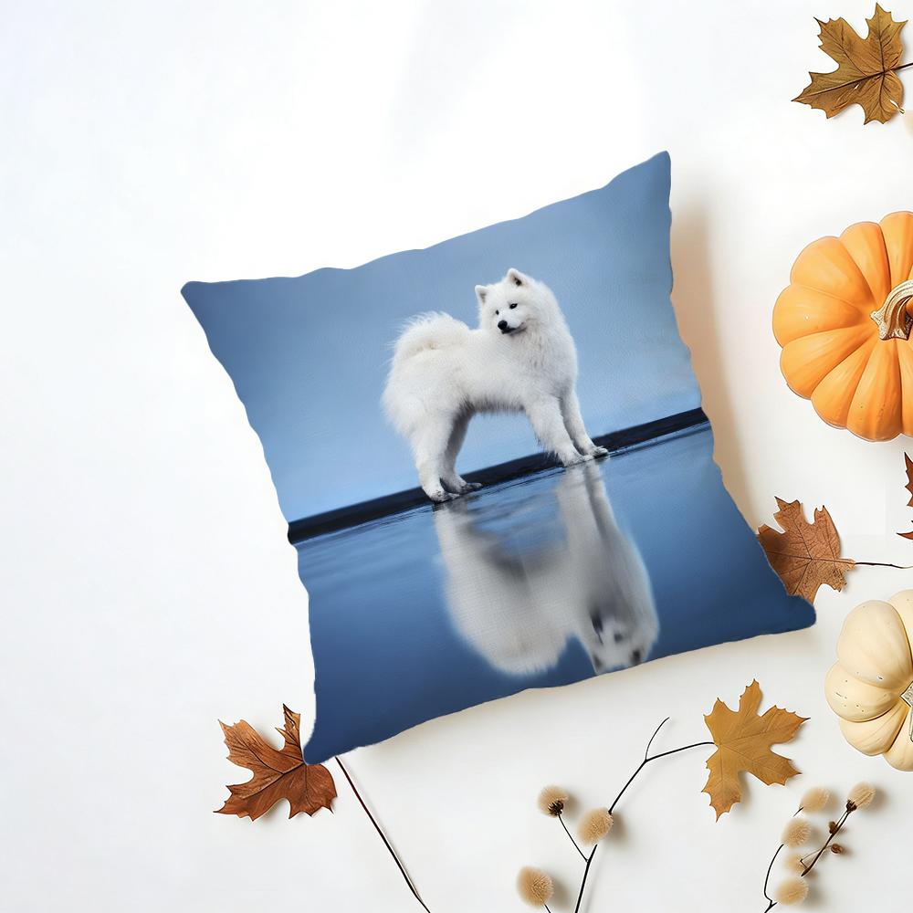 Casual Fluffy Smiling Dog Samoyed Cushion Cover Washable Linen Pillowcase Soft for Daily Sofa Bed Home Room Decor