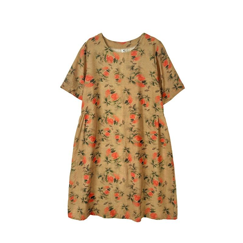 Платье с круглым вырезом и короткими рукавами из хлопка и льна с принтом, женская летняя новая одежда 2025 года, темпераментная мама, средняя и длинная юбка А-образного силуэта